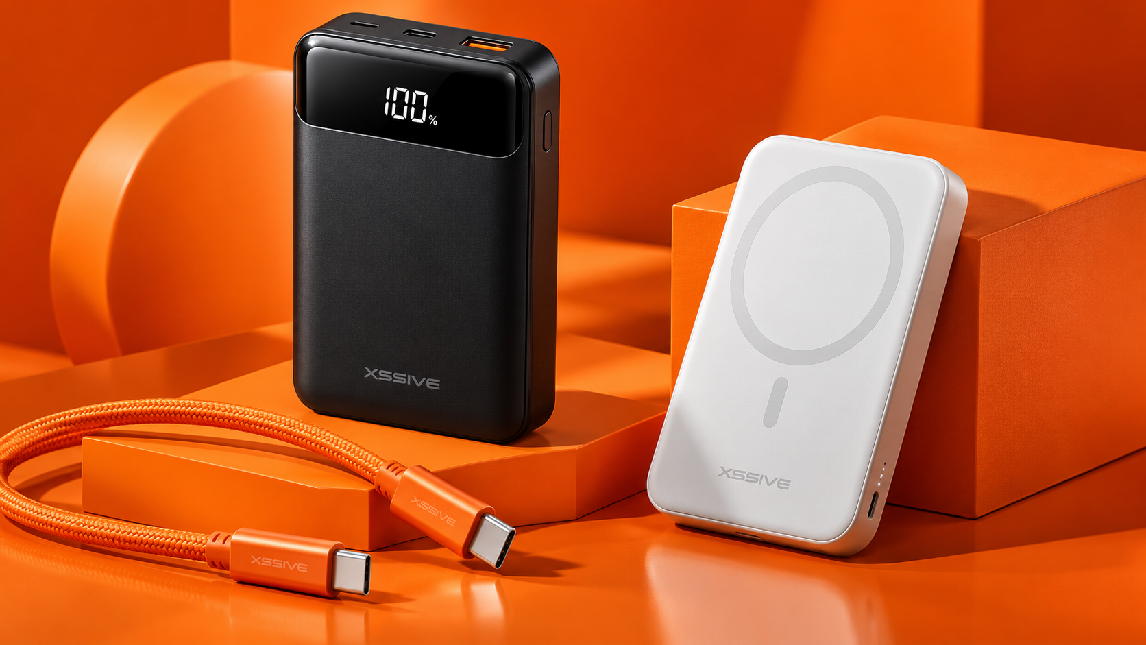 Illustratie van zwarte en witte powerbanks op een oranje achtergrond